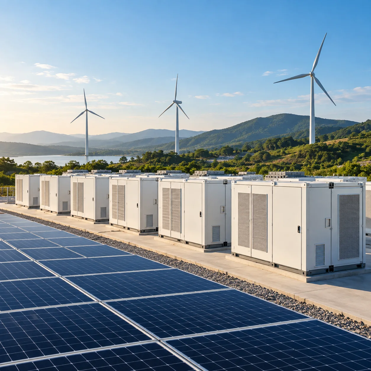 Güneş panelleri, enerji depolama üniteleri ve rüzgâr türbinleri